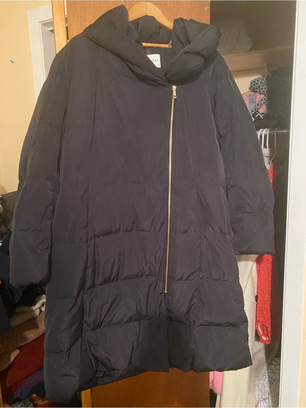 Cole Haan Plus Size 1X Down Puffer Coat Hooded Longline Black Gold Zip